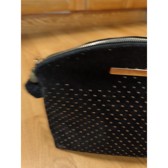 Vince Camuto Cosmetic Makeup Bag Black Velvet Gold Micro Studs Zip Pom Pom - Picture 4 of 11